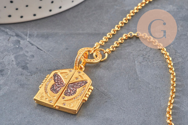 Collier pendentif locket papillon personnalisable cuivre doré zircons , x1 (G11069) VALIDE