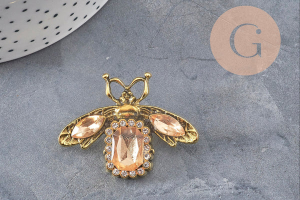 Broche abeille zamac doré Cristal champagne 47mm, x1 (G11086)