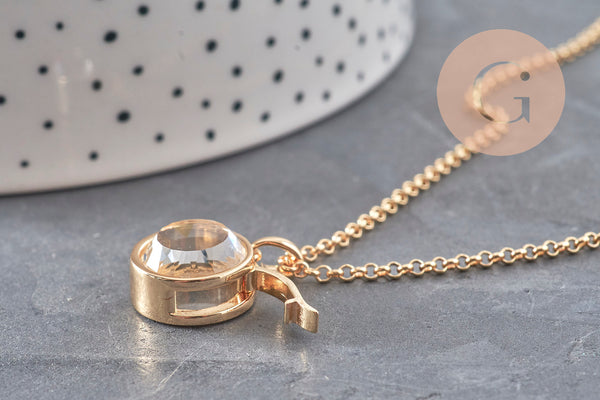 Collier locket rond porte-photo verre laiton doré 18K, x1 (G11087)