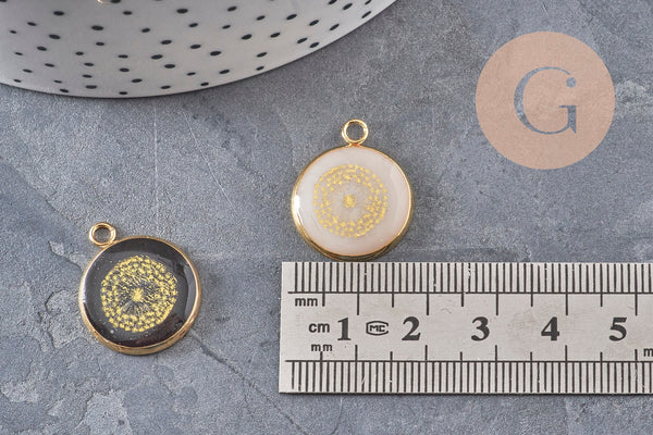 Pendentif rond motif pissenlit acier 304 inoxydable doré 16mm, x1 (G11103)