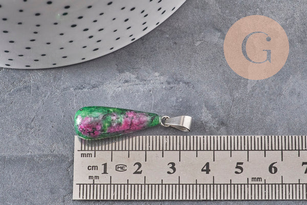Pendentif goutte rubis zoisite naturel acier inoxydable platine 28mm, x1 (G11120)