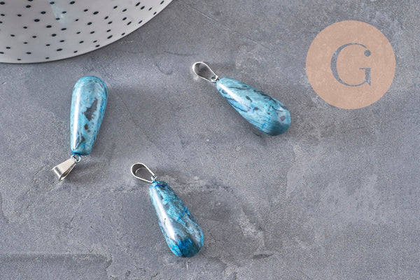 Pendentif goutte agate naturelle bleu acier inoxydable platine 28mm, x1 (G11117)