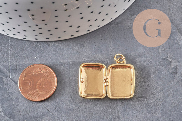 Pendentif locket rectangle cœur porte-photo laiton doré 18K émaillé 26mm, x1 (G11146)