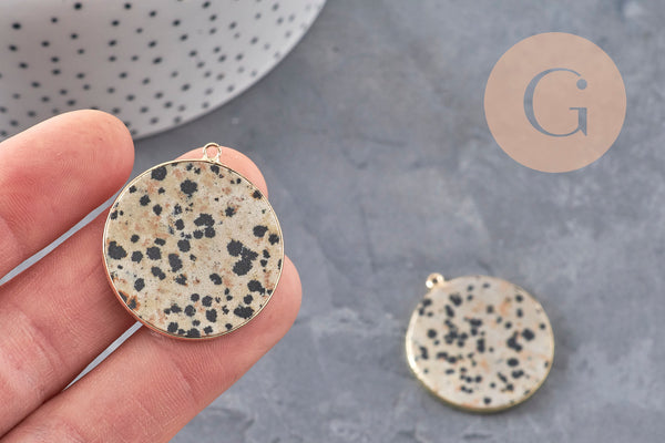 Pendentif rond jaspe dalmatien naturel laiton doré 32mm, x1 (G11123)