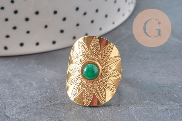 Bague réglable dentelle Plumes pierre verte acier doré Taille 54, x1 (G11153) VALIDE