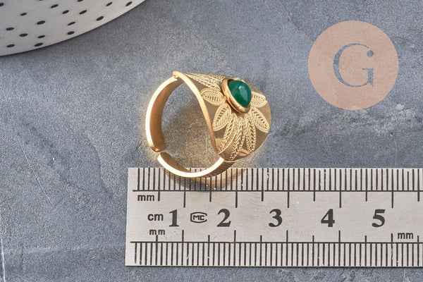 Bague réglable dentelle Plumes pierre verte acier doré Taille 54, x1 (G11153) VALIDE