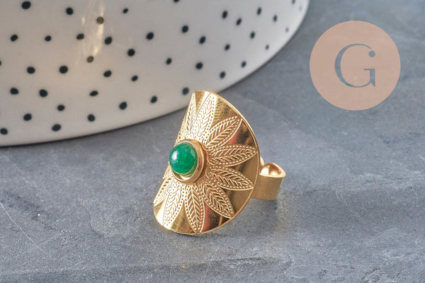 Bague réglable dentelle Plumes pierre verte acier doré Taille 54, x1 (G11153) VALIDE