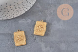 Pendentif rectangle trèfle 4 feuilles acier doré zircon 25mm, x1 (G11276)