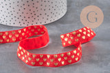Ruban élastique rouge de 16mm avec motifs de petits cœurs dorés pour bijoux DIY et décorations festives.