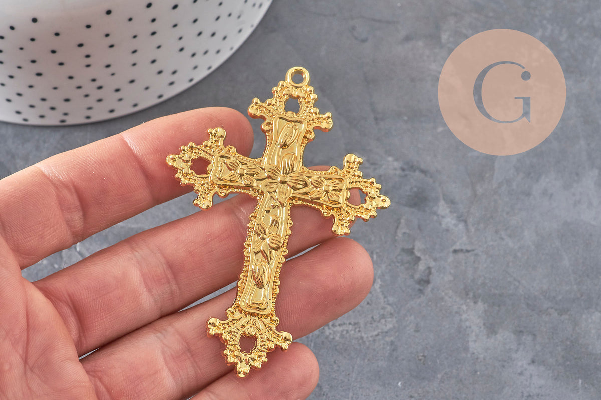 Gold zamak cross pendant with flowers 74mm, x1 VALID