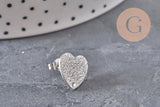 Pendientes de botón corazón acero inoxidable 304 plano arenado 1 agujero 13mm, el par VÁLIDO