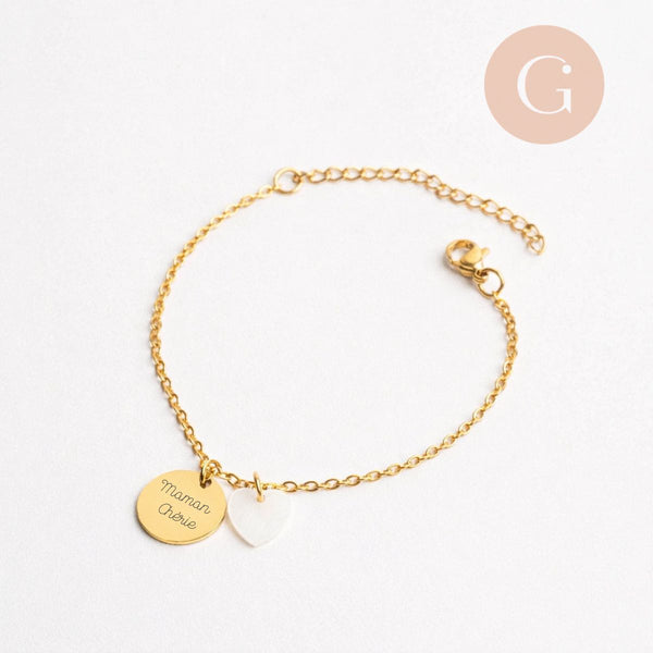 Bracelet personnalisé médaille à graver + coeur nacre chaîne acier inoxydable 304 , x1 (ADN6) (G11100)