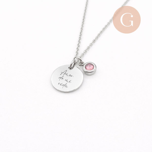 Collier personnalisé médaille gravée et pierre de naissance acier inoxydable 304, x1 (ADN10) (G11101)