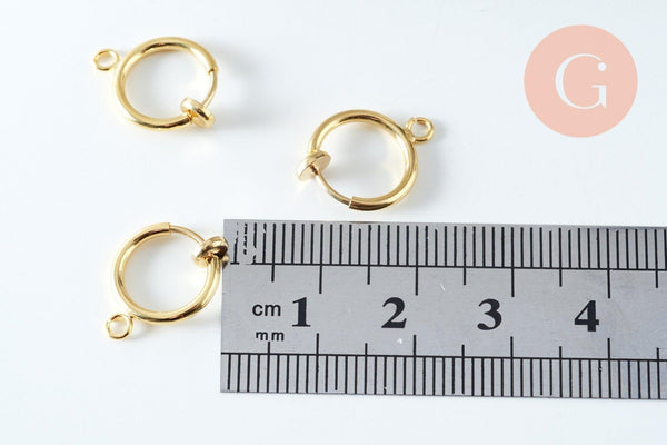 Anneaux créoles dorés pour oreilles non percées 15.5mm, création boucles, la paire (G6355)
