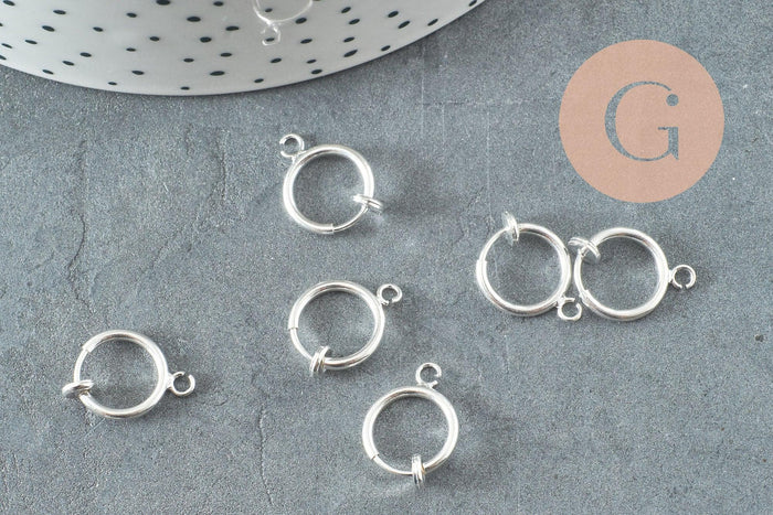 Anneaux créoles laiton argenté pour oreilles non percées 15.5mm, x2 (G9644)