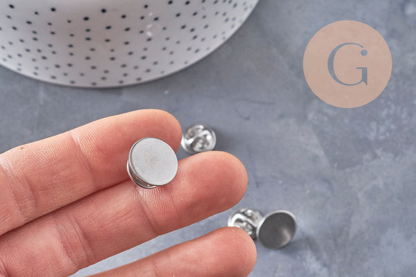 Attache et support pour pin's acier inoxydable platine 14mm, x5 (G10962) VALIDE GOOD