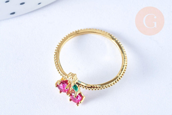 Bague cerise rouge laiton doré 16K gros zircons, x1 (G6574)