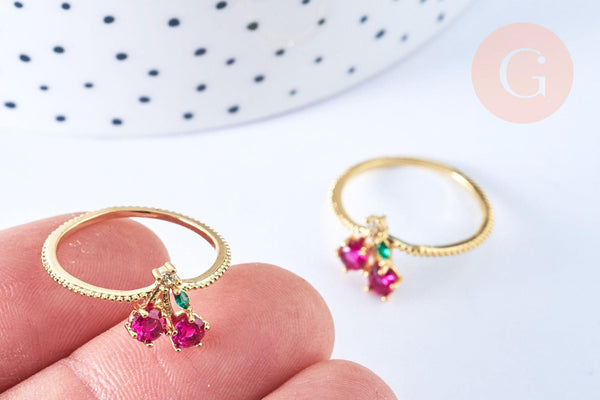 Bague cerise rouge laiton doré 16K gros zircons, x1 (G6574)