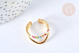 Bague fine réglable V acier inoxydable doré émail multicolore Taille 54, x1 (G7004)