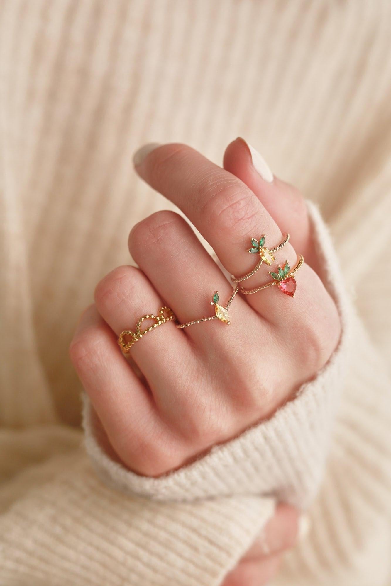 Bague fruit ananas laiton doré 16K zircons, x1 (G6580)