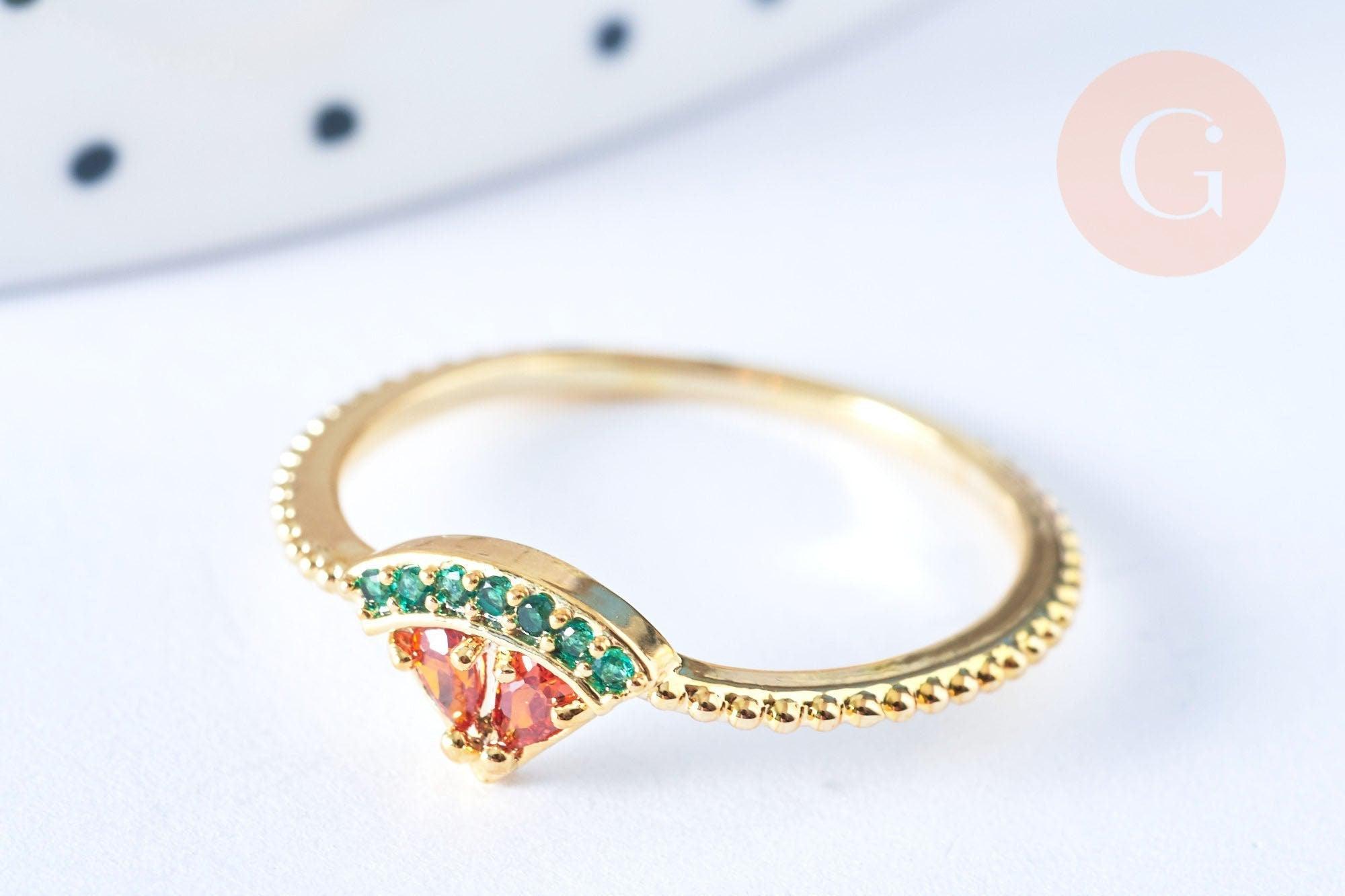 Bague pastèque fruit laiton doré 16K zircons rouges x1 (G6575)