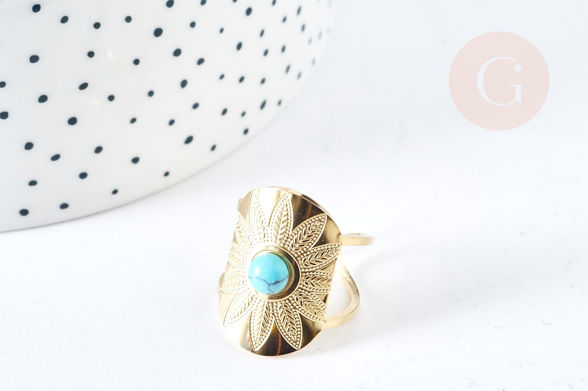 Bague réglable dentelle Plumes pierre turquoise acier doré Taille 54, x1 (G7637)