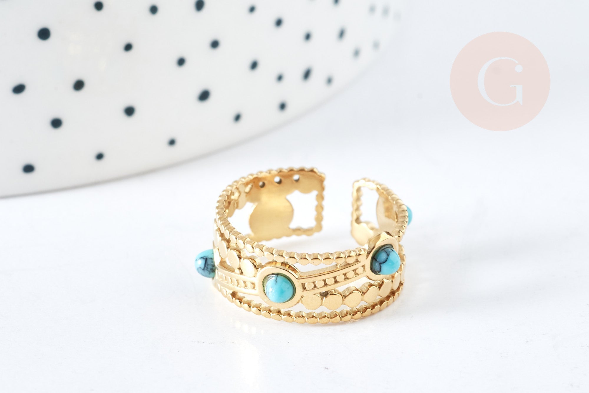 Bague réglable dentelle pierre turquoise synthèse acier doré Taille 54, x1 (G7638)