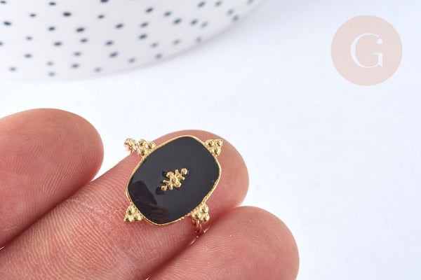 Bague réglable émail noir acier 304 inoxydable doré Taille 54, x1 (G7000)