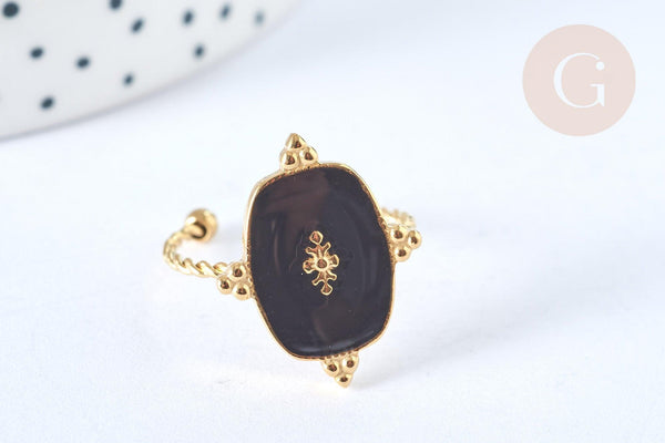 Bague réglable émail noir acier 304 inoxydable doré Taille 54, x1 (G7000)