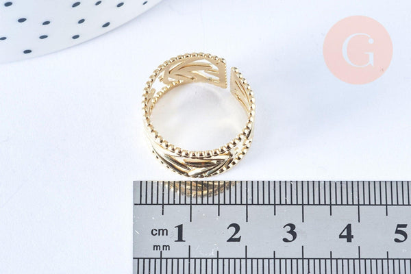 Bague réglable feuille acier doré taille 54, x1 (G6603)