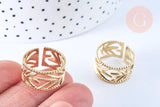 Bague réglable feuille acier doré taille 54, x1 (G6603)