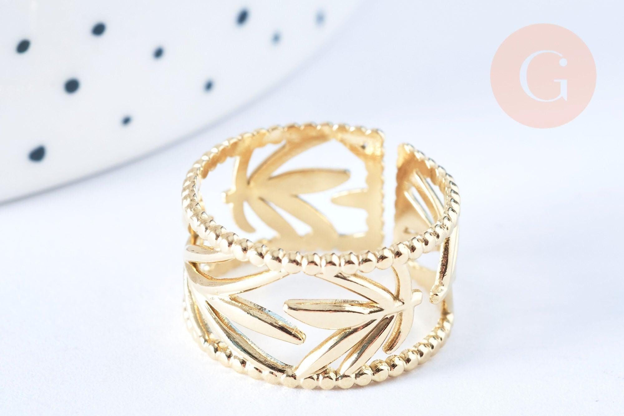 Bague réglable feuille acier doré taille 54, x1 (G6603)