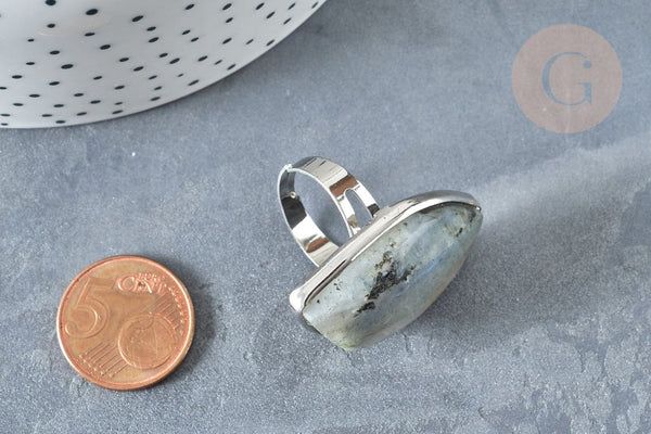 Bague réglable feuille laiton argenté labradorite naturelle 18.5mm,x1 (G7365)
