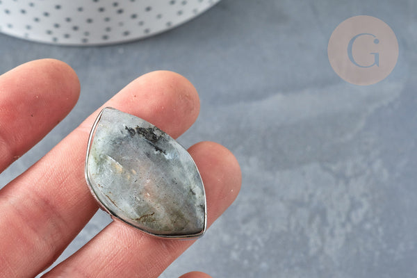 Bague réglable feuille laiton argenté labradorite naturelle 18.5mm,x1 (G7365)