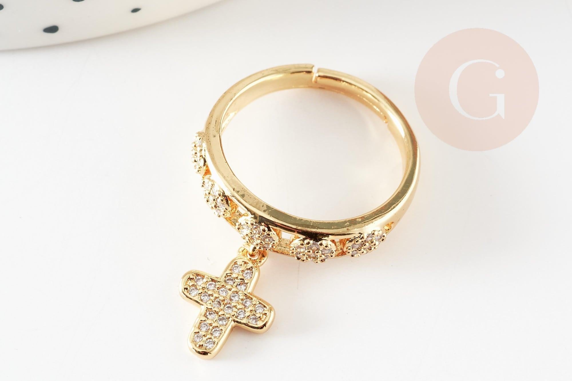 Bague réglable laiton doré breloque croix zircon 17mm, x1 (G4825)