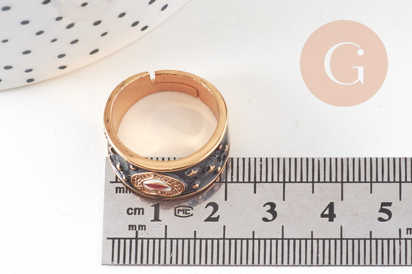 Bague réglable laiton doré émail noir oeil protecteur 18mm, x1 (G4249)