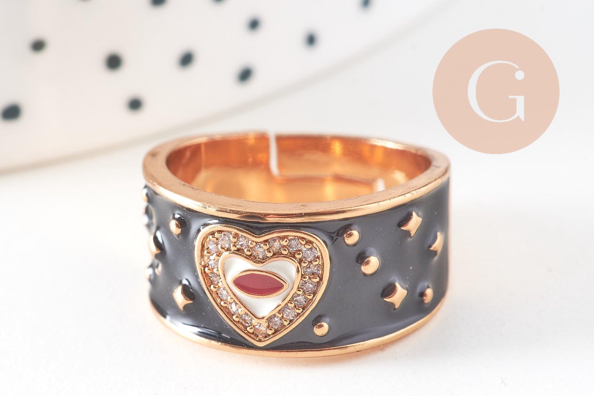 Bague réglable laiton doré émail noir oeil protecteur 18mm, x1 (G4249)