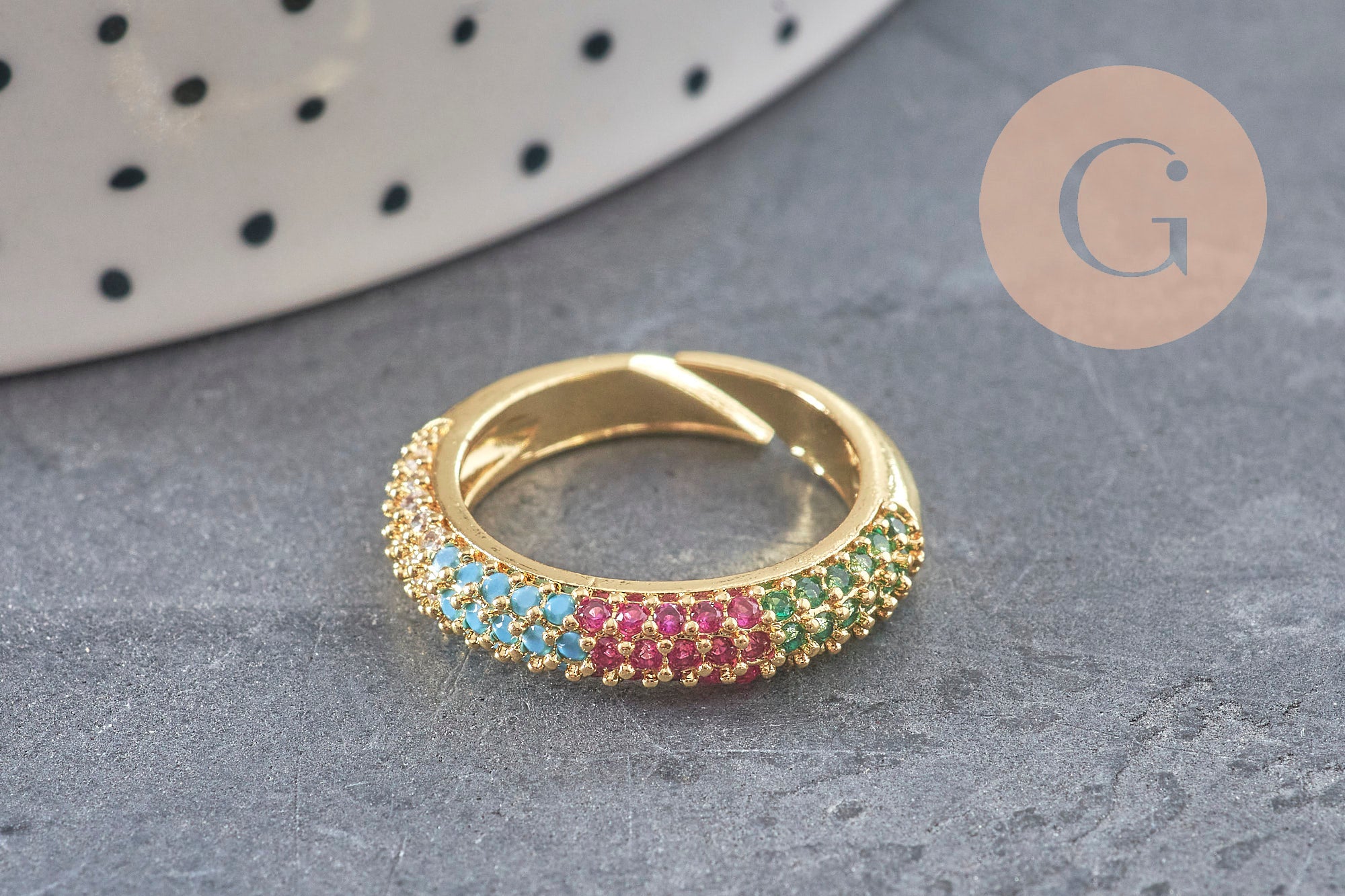 Bague réglable laiton doré zircon coloré 16mm, x1 (G4336)