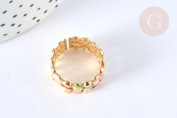 Bague réglable maille croisée acier inoxydable doré émail multicolore Taille 54, x1 (G7005)