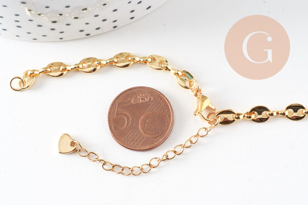 Base de bracelet ajustable laiton doré 14k grain de café 23cm, x1 (G5964)