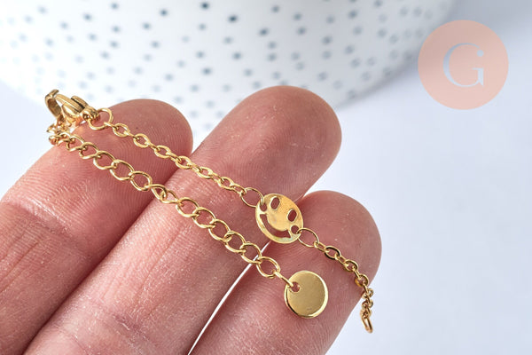 Base de bracelet ajustable maille forçat smiley fantaisie en acier doré 14k 14cm, sans nickel, bracelet en acier doré inoxydable, x1 (G5971)