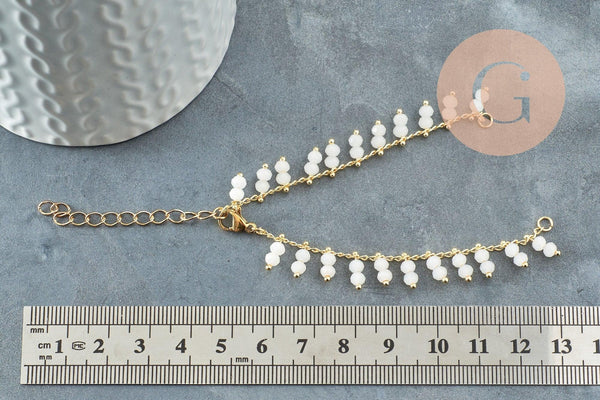 Base de bracelet chaine cheville laiton doré et perles verre blanche 16.2cm, x1 (G9635)