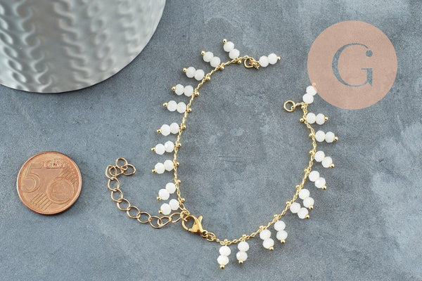 Base de bracelet chaine cheville laiton doré et perles verre blanche 16.2cm, x1 (G9635)