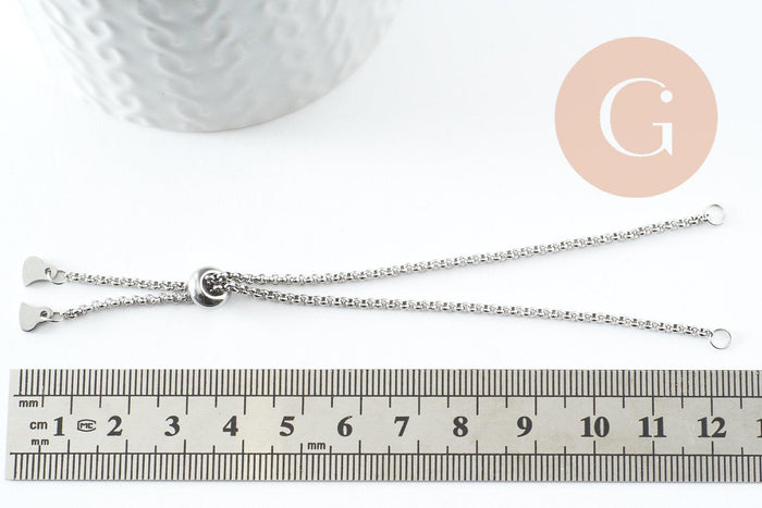 Base de bracelet chaine rolo réglable acier 304 inoxydable platine 25cm, x1 (G9496)