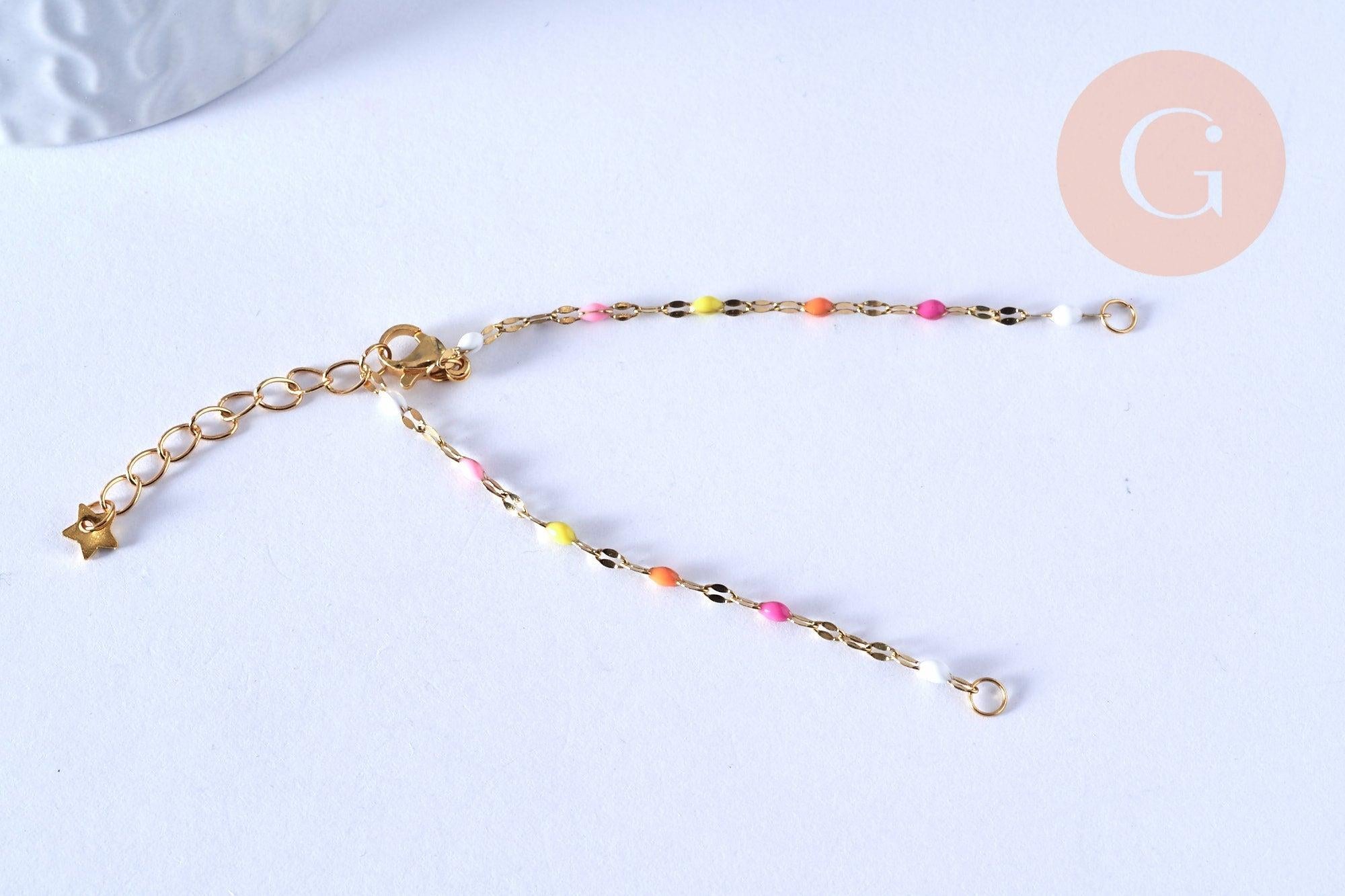 Base de bracelet fin acier inoxydable doré 14k résine multicolore rose avec anneaux 16.5mm, x1 (G5807)