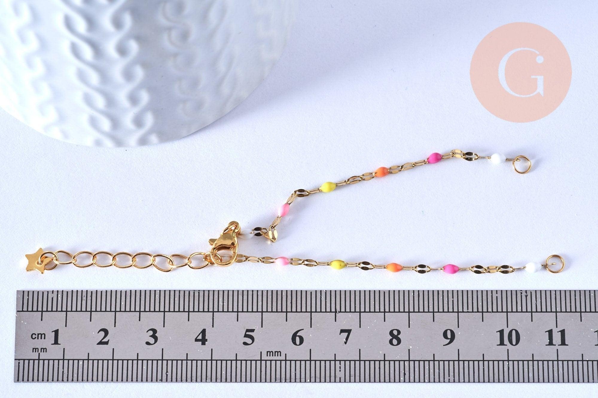 Base de bracelet fin acier inoxydable doré 14k résine multicolore rose avec anneaux 16.5mm, x1 (G5807)