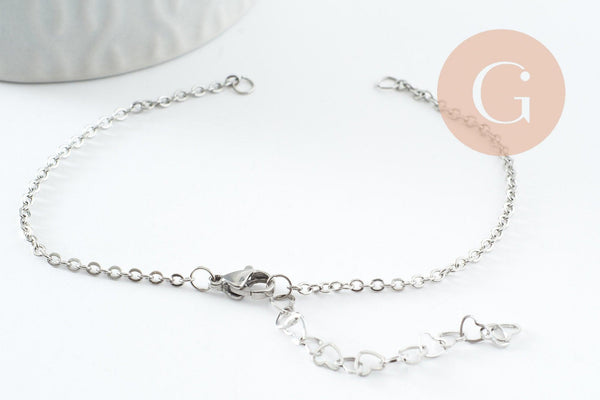 Base de bracelet maille forçat acier inoxydable 304 platine avec anneaux et chaine d'extension coeurs 18mm, x1 (G9499)