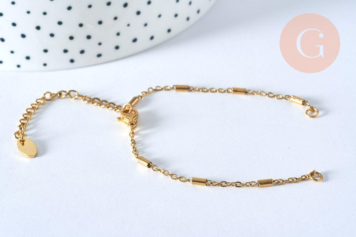 Base de bracelet fine maille tube acier inoxydable 304 doré 14k avec anneaux 16mm, x1 (G4967)