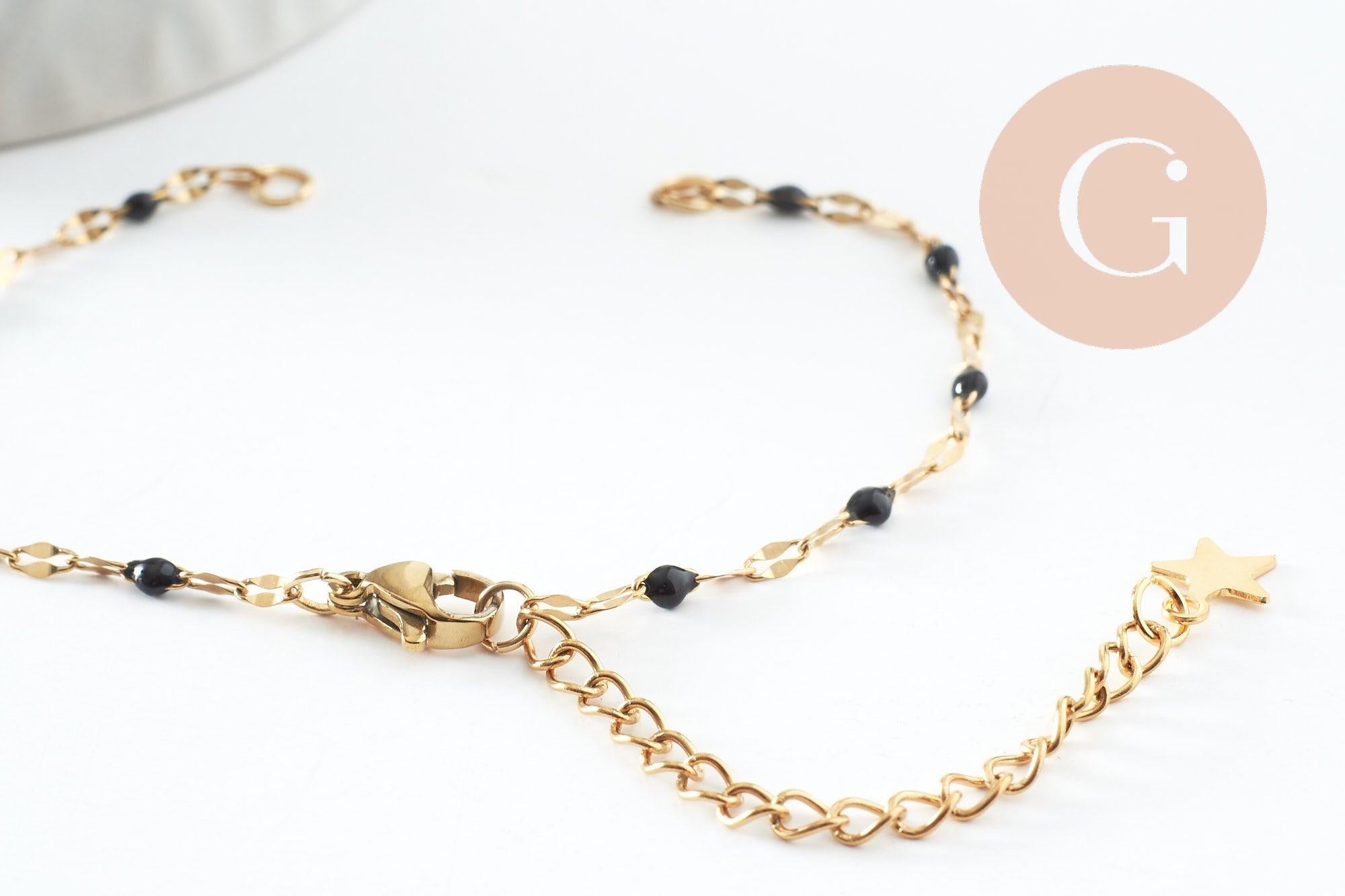 Base de bracelet réglable chaine acier 304 doré inoxydable résine noire 16.2cm, x1 (G9592)