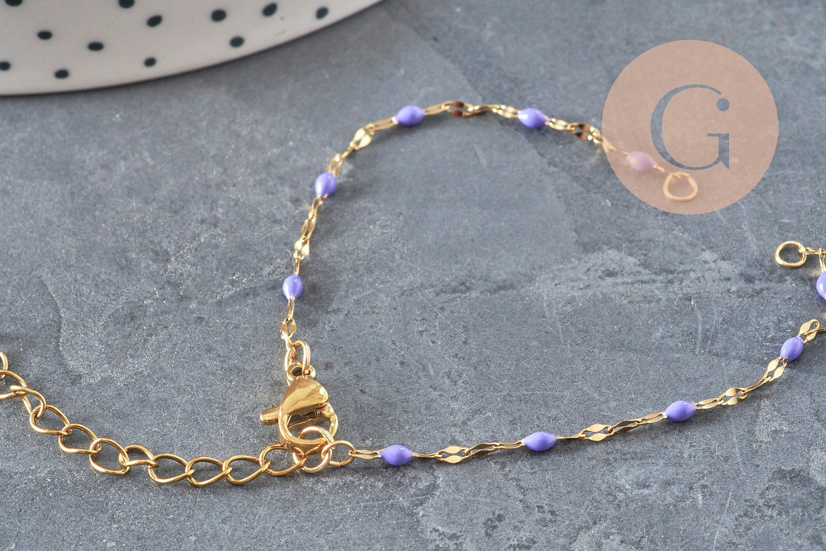 Base de bracelet réglable chaine résine violette acier 304 inoxydable doré 14.3cm, x1 (G11364)-Bracelets-Gingerlily Perles